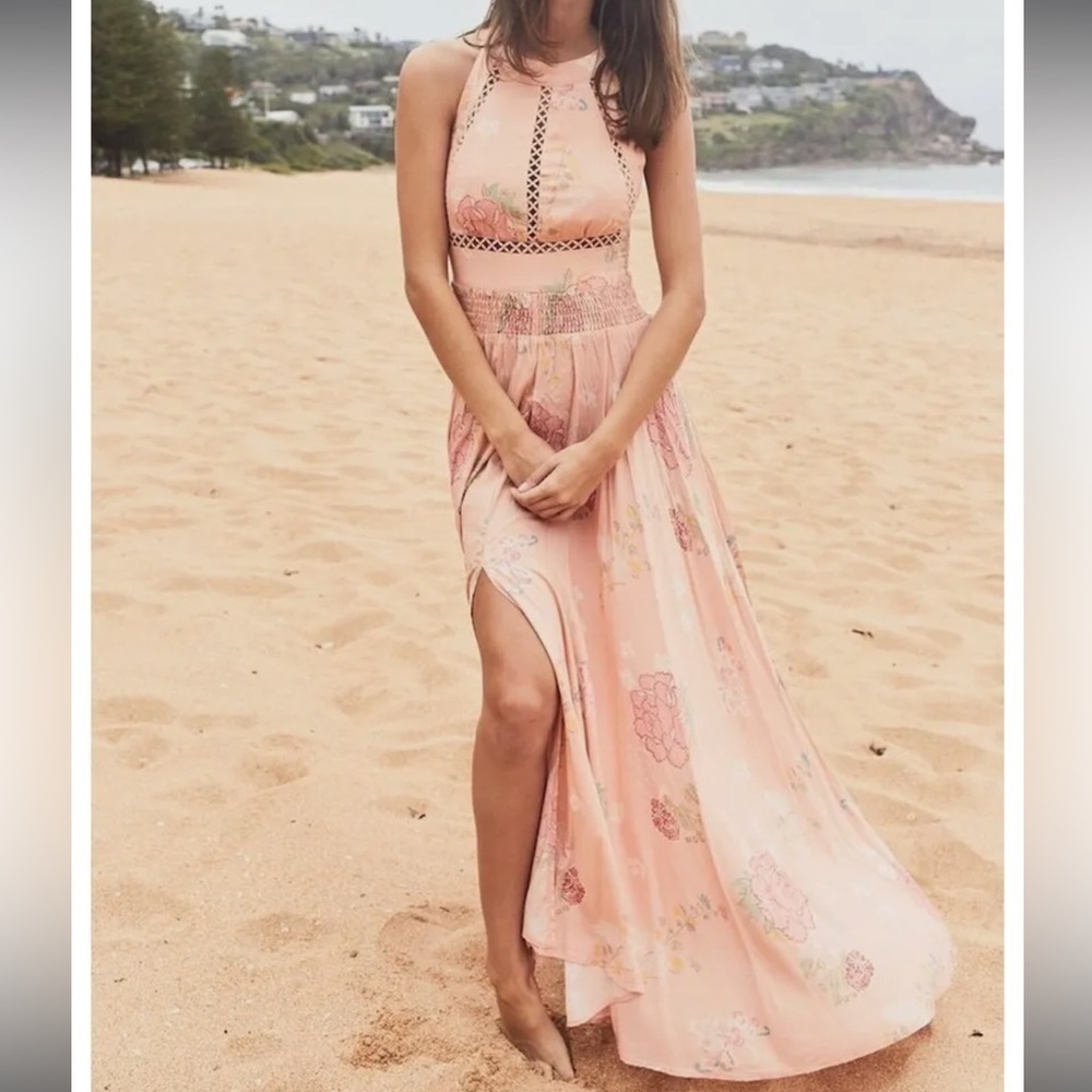 Jaase Endless Summer Bohemian Pink Floral Maxi Dress Smocked Halter Open Back M